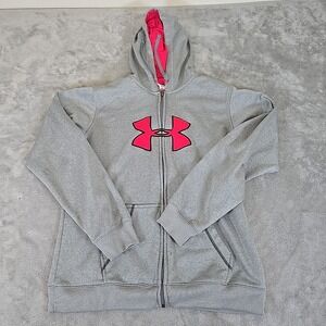 Under‎ Armour Sweatshiet Womens Large   Gray Pink Fleece Long Sleeve Full Zip